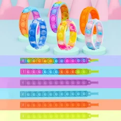 6 BRACCIALETTI ANTISTRESS ARCOBALENO BOLLE ARIA IN SILICONE GIOCO BAMBINI ADULTI