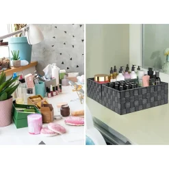 3 CESTINI TESSUTO SCATOLE ORGANIZER BAGNO PORTAOGGETTI MAKEUP GRIGIO SCURO 79050