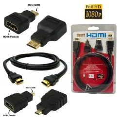 3 IN 1 CAVO HDMI FULL HD 1080P 1.5 M + ADATTATORI MINI HDMI E MICRO HDMI DORATI