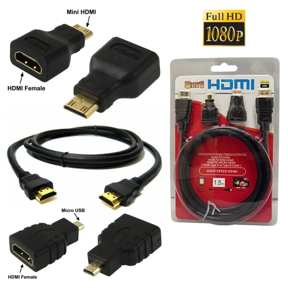3 IN 1 CAVO HDMI FULL HD 1080P 1.5 M + ADATTATORI MINI HDMI E MICRO HDMI DORATI