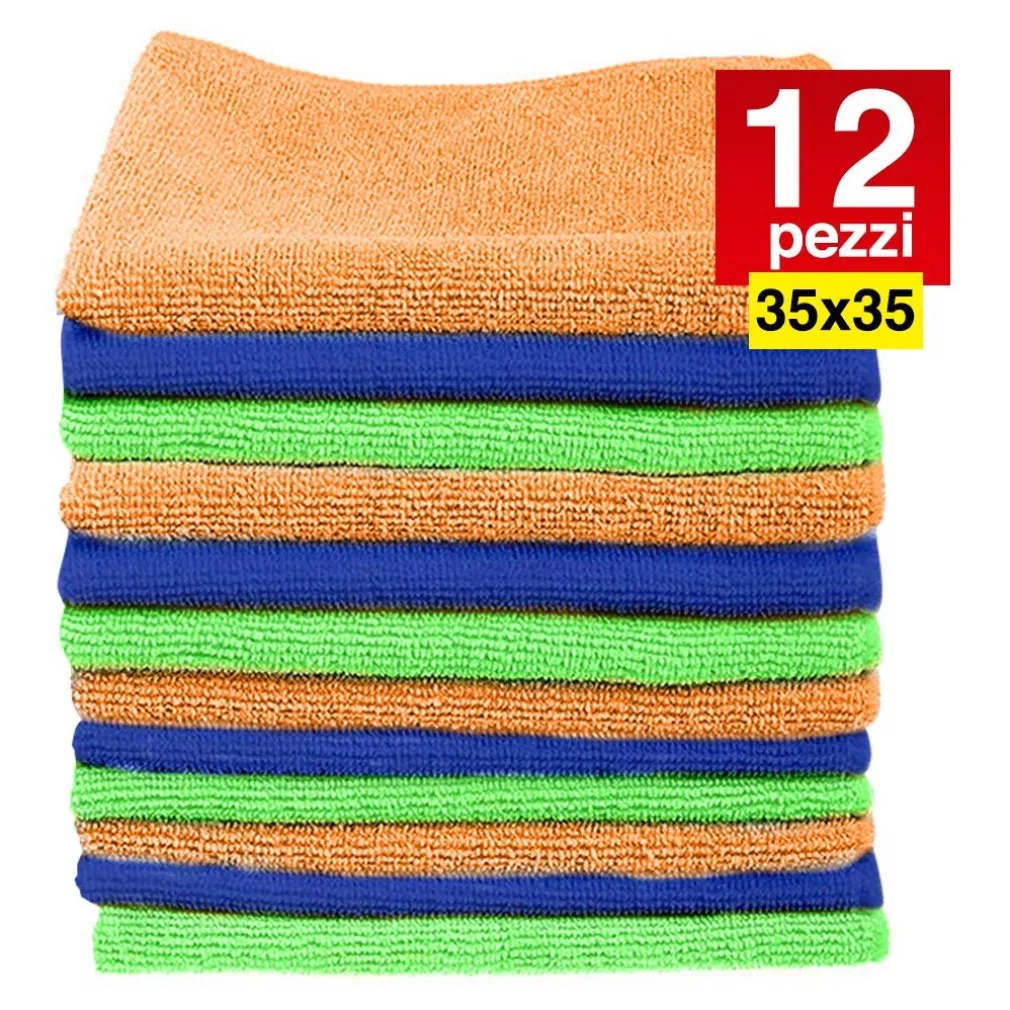 12 PANNI MICROFIBRA 35 X 35 CM PANNO PULIZIA MULTIUSO LAVAGGIO AUTO ASCIUGAMANO