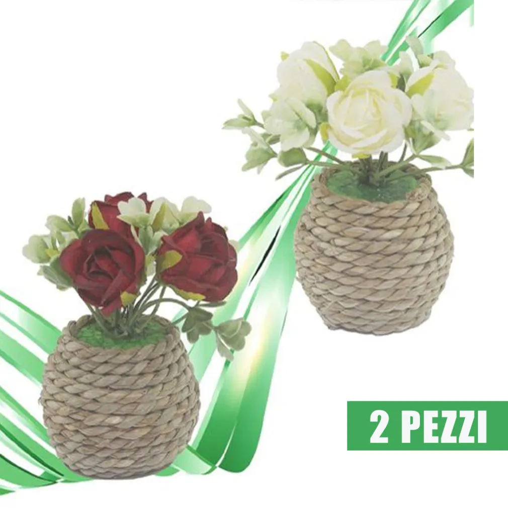 2 PEZZI VASO CORDA PIANTINA FIORI ARTIFICIALI PIANTA IDEA REGALO BOMBONIERA 10CM