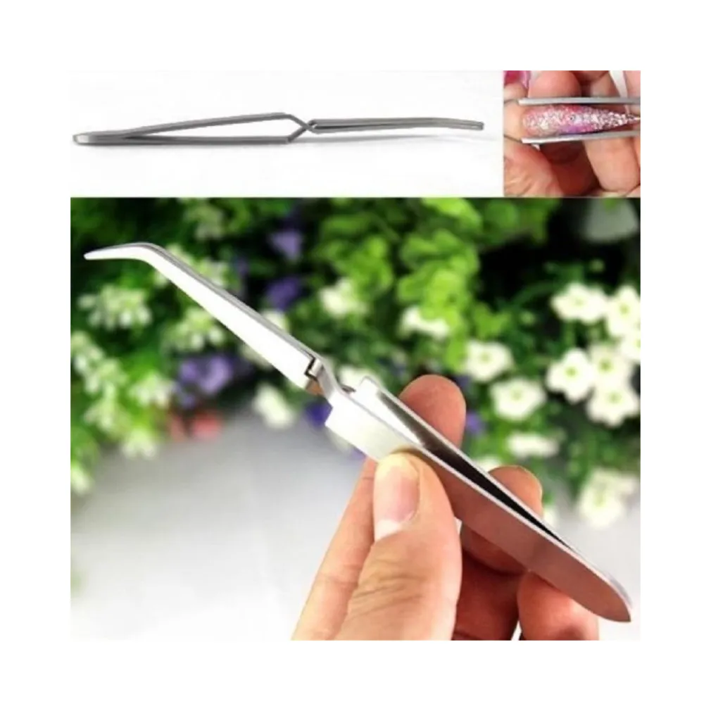 2 PINZETTE CLIP ACCIAIO MULTIFUNZIONE PUNTA CURVA PER UNGHIE TIPS PRELIEVO STRASS GLITTER NAIL ART