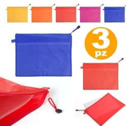 3 PORTA DOCUMENTI BUSTA PVC ZIP TASCA INTERNA RETE 33.5x24CM APPUNTI CARTELLINA