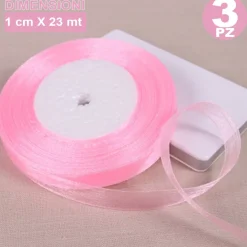 3 ROTOLI NASTRO ROSA BOMBONIERA ORGANZA BOBINA DECORAZIONI ADDOBBI DECOUPAGE