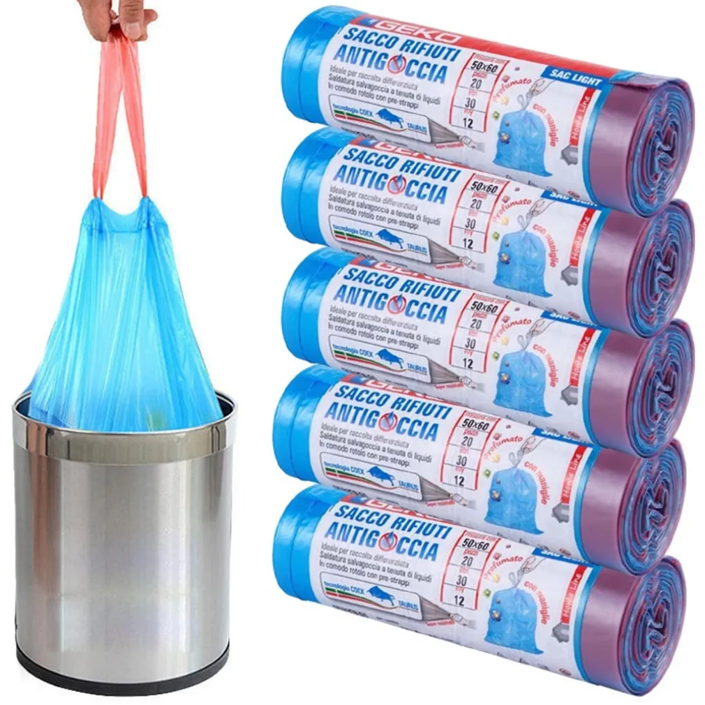 5 ROTOLI SACCHETTI BUSTE SPAZZATURA PROFUMATI 30LT 50X60CM CON MANICI BLU 100PZ