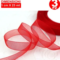 3 ROTOLO ROTOLI NASTRO ROSSO BOMBONIERA ORGANZA DECORAZIONI ADDOBBI DECOUPAGE