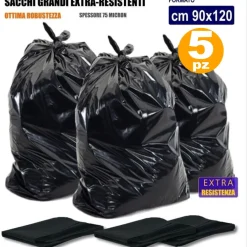 5 SACCHI SPAZZATURA SENZA MANIGLIE NERI 90 x 120 CM 150 LITRI SUPER RESISTENTI
