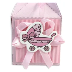 12 SCATOLINE PORTA CONFETTI BOMBONIERA NASCITA BATTESIMO BIMBA ROSA CARROZZINA