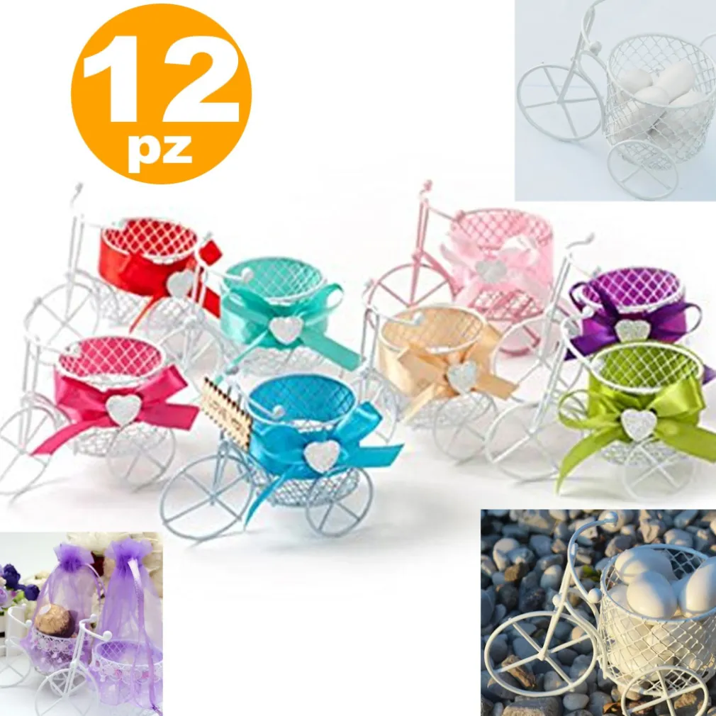 12 X BOMBONIERA BOMBONIERE BICICLETTA A TRE RUOTE CON CESTINO PORTACONFETTI