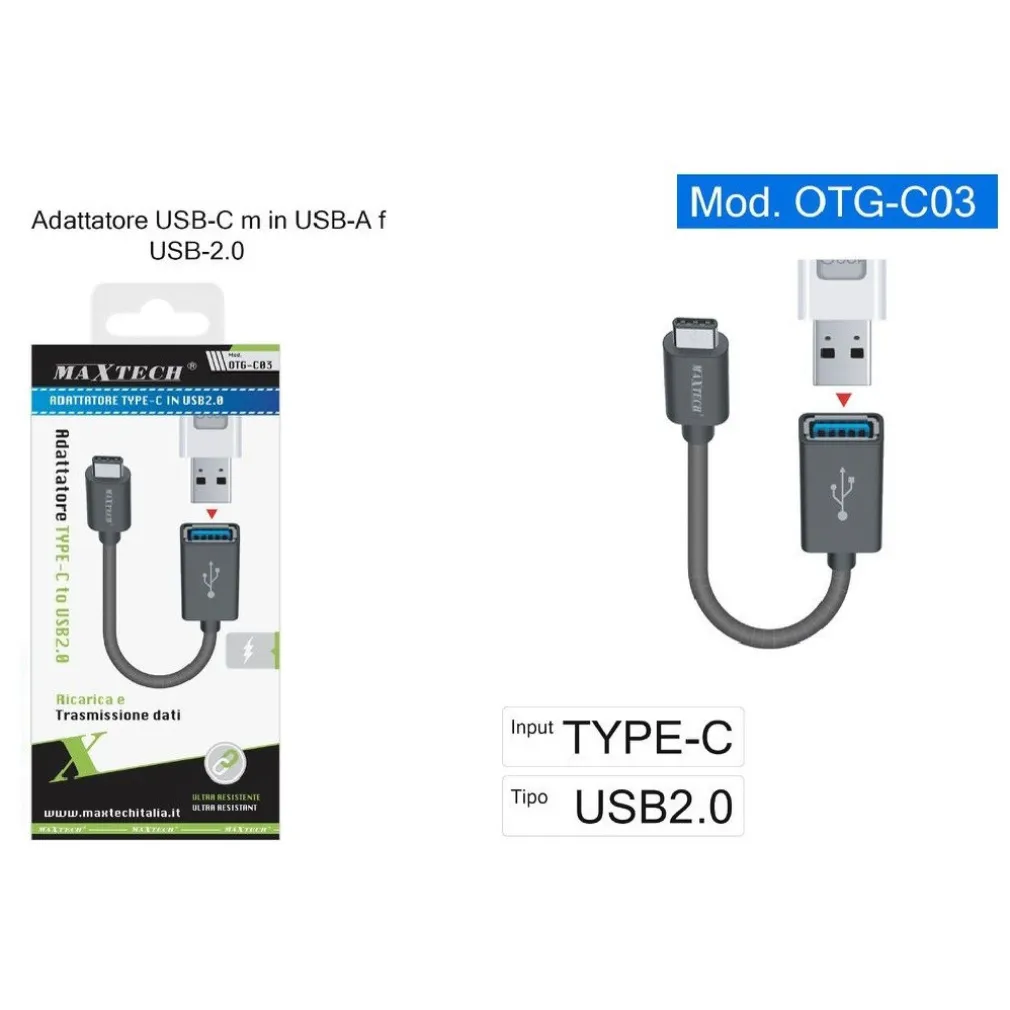 ADATTATORE TYPE-C MASCHIO A USB-A 2.0 FEMMINA RICARICA TRASMISSIONE DATI OTG-C03