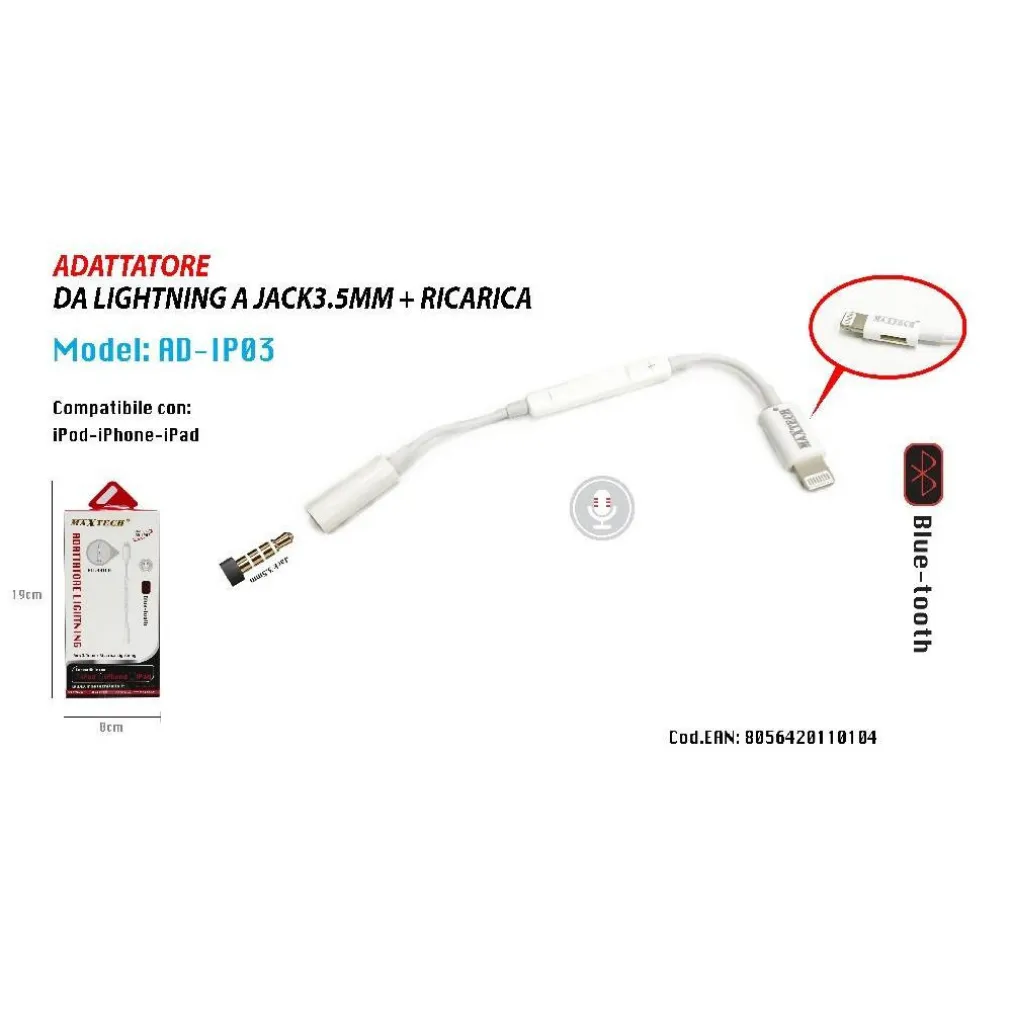 ADATTATORE UNIVERSALE LIGHTNING A JACK 3,5MM PER IPHONE IPAD IPOD MAXTECH AD-IP03