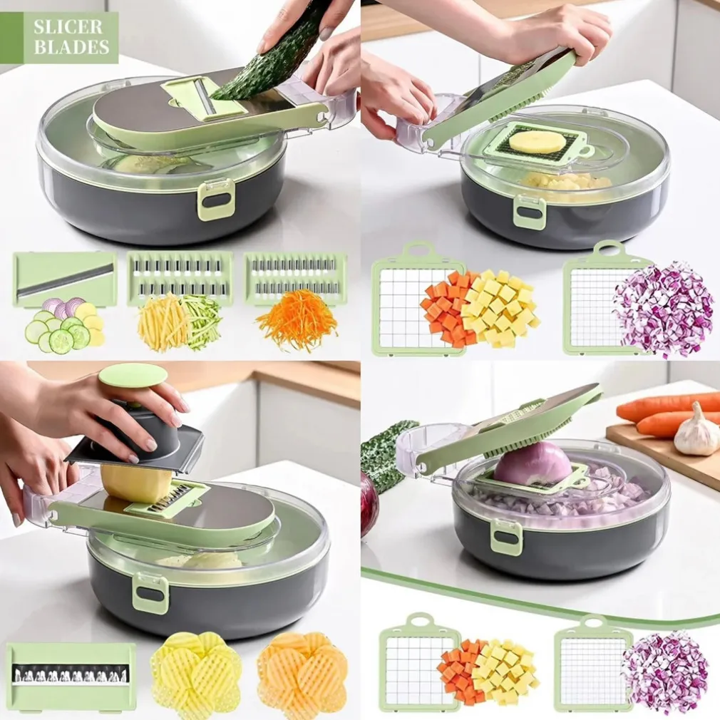 AFFETTATRICE 9IN1 TRITATUTTO PORTATILE IN ACCIAIO CON CESTELLO SCOLAPIATTI MULTIFUNZIONALE