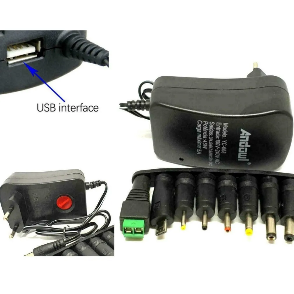 ALIMENTATORE UNIVERSALE 3V 4.5V 5V 6V 7.5V 9V 12V 1000MA 12W USB - 8 ADATTATORI