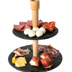 ALZATINA STAND PORTA DOLCI RUSTICI 2 PIANI IN ARDESIA 20/25CM LEGNO FINGER FOOD