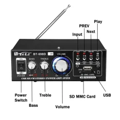 AMPLIFICATORE AUDIO BLUETOOTH 2 CANALI STEREO USB SD RADIO SPEAKER TELECOMANDO