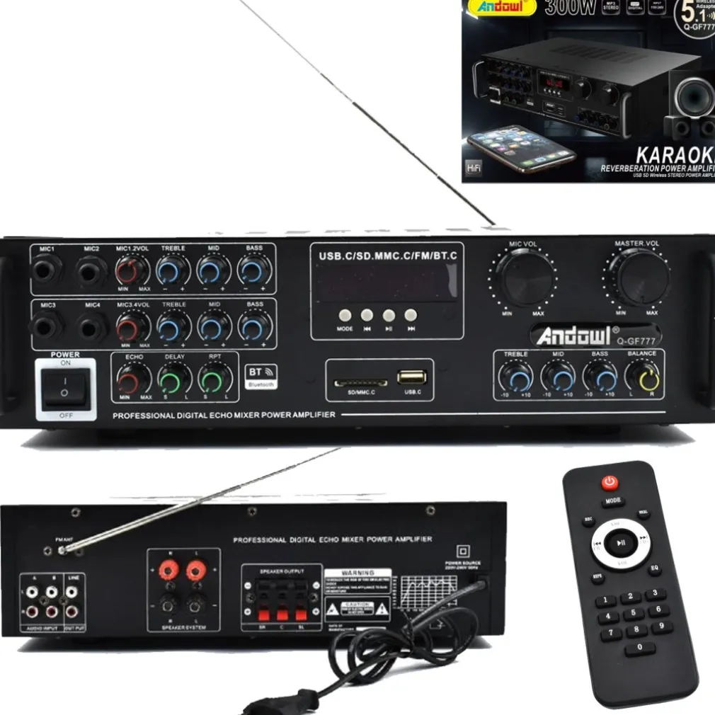 AMPLIFICATORE 300W 5.1 BLUETOOTH USB FM MP3 FUNZIONE KARAOKE TELECOMANDO Q-GF777