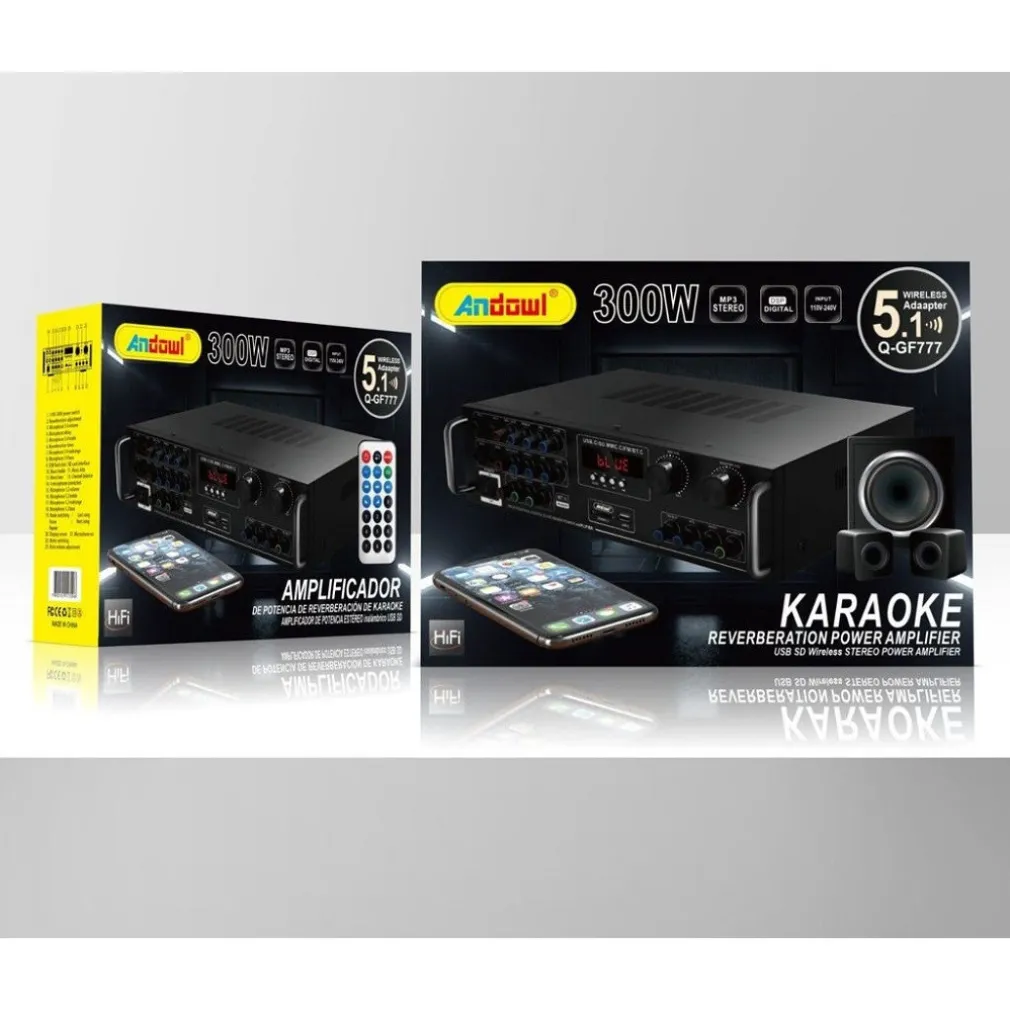 AMPLIFICATORE 300W 5.1 BLUETOOTH USB FM MP3 FUNZIONE KARAOKE TELECOMANDO Q-GF777