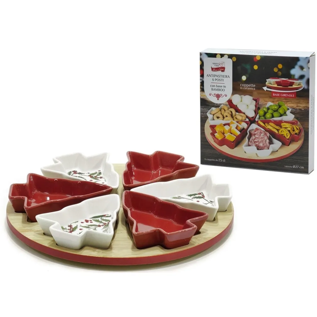 ANTIPASTIERA 6 POSTI CON BASE IN BAMBOO Ø27CM GIREVOLE 6 COPPETTE CERAMICA ALBERI NATALE