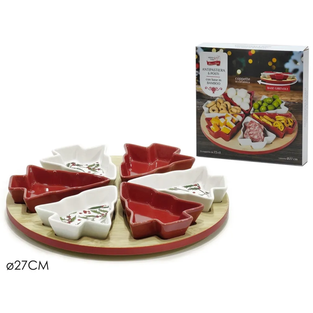 ANTIPASTIERA 6 POSTI CON BASE IN BAMBOO Ø27CM GIREVOLE 6 COPPETTE CERAMICA ALBERI NATALE