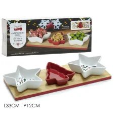 ANTIPASTIERA 3 POSTI CON VASSOIO BASE IN BAMBOO 33X12CM 3 COPPETTE IN CERAMICA NATALIZIE