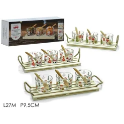 ANTIPASTIERA 3 POSTI CON VASSOIO BASE CUCCHIAI IN BAMBÙ COPPETTE IN VETRO DECORO NATALIZIO