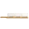 ANTIPASTIERA CON 3 CIOTOLE IN VETRO VASSOIO BASE IN BAMBOO 40X10CM PER SALSE FINGER FOOD