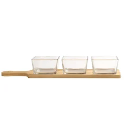 ANTIPASTIERA CON 3 CIOTOLE IN VETRO VASSOIO BASE IN BAMBOO 40X10CM PER SALSE FINGER FOOD