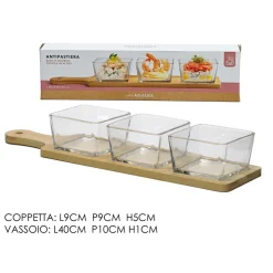 ANTIPASTIERA CON 3 CIOTOLE IN VETRO VASSOIO BASE IN BAMBOO 40X10CM PER SALSE FINGER FOOD