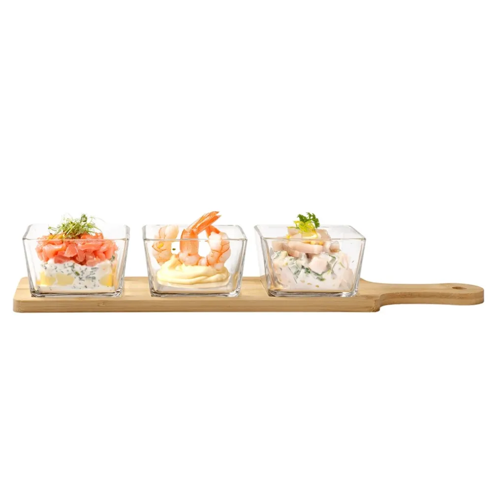 ANTIPASTIERA CON 3 CIOTOLE IN VETRO VASSOIO BASE IN BAMBOO 40X10CM PER SALSE FINGER FOOD