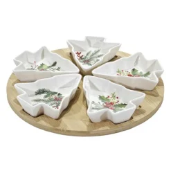 ANTIPASTIERA CON VASSOIO BASE IN BAMBÙ 5 CIOTOLE IN STONEWARE A FORMA DI ALBERO DI NATALE