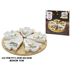 ANTIPASTIERA CON VASSOIO BASE IN BAMBÙ 5 CIOTOLE IN STONEWARE A FORMA DI ALBERO DI NATALE