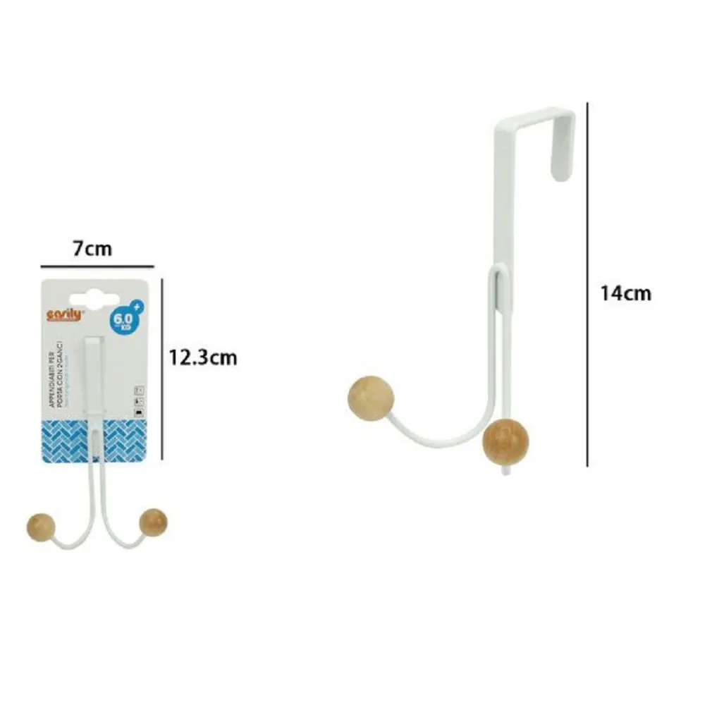 APPENDIABITI APPENDINO DA PORTA METALLO BIANCO PALLINE LEGNO 2 GANCI POSTI 79552
