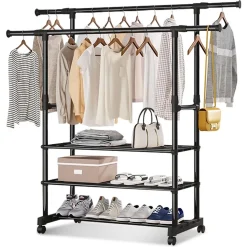 APPENDIABITI DA TERRA STAND CON RUOTE 3 SCOMPARTI PORTAOGGETTI DOPPIO BASTONE A SCOMPARSA