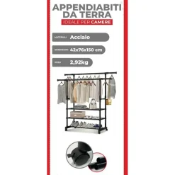 APPENDIABITI DA TERRA STAND CON RUOTE 3 SCOMPARTI PORTAOGGETTI DOPPIO BASTONE A SCOMPARSA