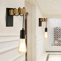 APPLIQUE A PARETE STILE INDUSTRIALE LAMPADA MURO RETRÒ VINTAGE IN METALLO LEGNO E27 AQ64