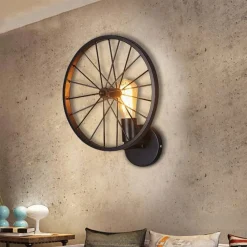 APPLIQUE A PARETE STILE VINTAGE LAMPADA FORMA DI RUOTA BICICLETTA NERO E27 AQ62