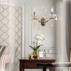 APPLIQUE CANDELABRO 2 BRACCI CON PENDENTI GOCCE CRISTALLO RETRÒ ATTACCO E14 E68-2