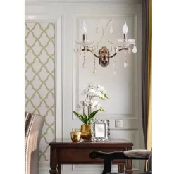 APPLIQUE CANDELABRO 2 BRACCI CON PENDENTI GOCCE CRISTALLO RETRÒ ATTACCO E14 E68-2