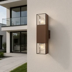 APPLIQUE DA ESTERNO A PARETE DOPPIA EMISSIONE DI LUCE 2 ATTACCHI E27 IP44 RUGGINE ESM-01C