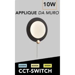 APPLIQUE DA MURO MODERNO TONDO 10W NERO ORO TECNOLOGIA CCT FREDDA CALDA NATURALE AQ20-3C
