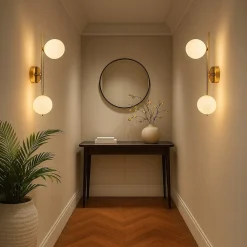 APPLIQUE DA PARETE STRUTTURA IN METALLO BRONZO MINIMAL CON ATTACCO G9 2 SFERE OPACHE AQ41