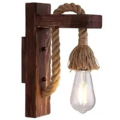 APPLIQUE PARETE E70 VINTAGE IN LEGNO CORDA CANAPA MURO COUNTRY PORTALAMPADA E27
