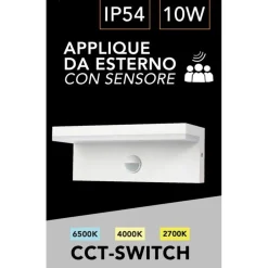 APPLIQUE PER ESTERNO 10 W CON SENSORE PIR DI MOVIMENTO TECNOLOGIA CCT IP54 SS-ESA-013C