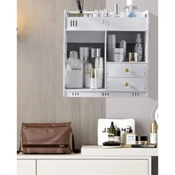 ARMADIETTO MOBILE DA PARETE BIANCO PER COSMETICI MEDICINALI ORGANIZER BAGNO CON CASSETTI