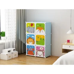 ARMADIO MODULARE PER BAMBINI MULTIUSO PORTAOGGETTI A 6 SCOMPARTI CUBI CON ANTE DECORATE