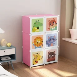 ARMADIO MODULARE PER BAMBINI MULTIUSO PORTAOGGETTI A 6 SCOMPARTI CUBI CON ANTE DECORATE