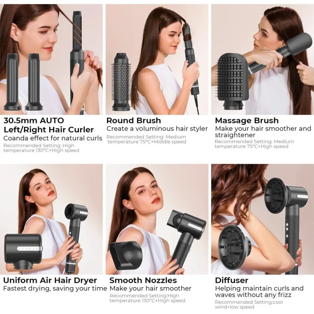 ASCIUGACAPELLI SPAZZOLA PHON PROFESSIONALE CON DIFFUSORE 7 IN 1 CAPELLI RICCI LISCI