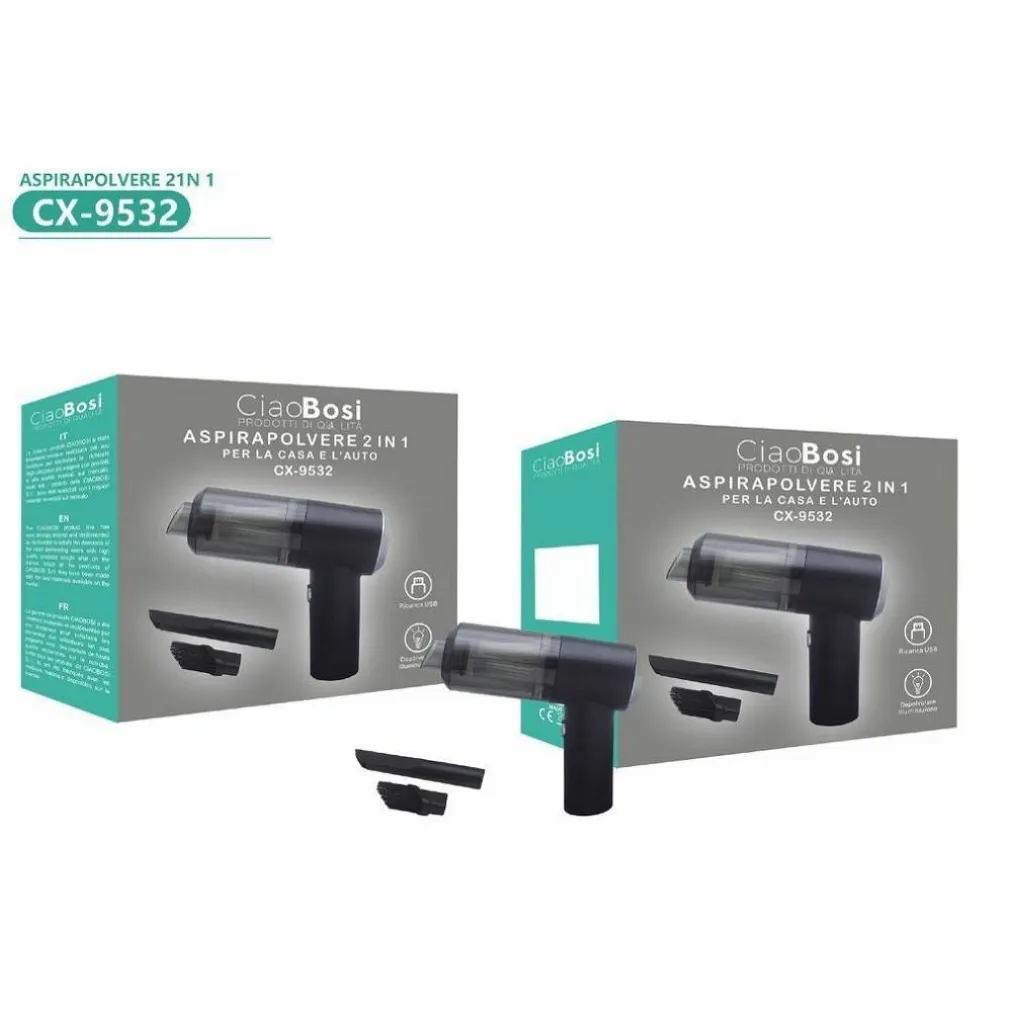 ASPIRAPOLVERE A PISTOLA 2 IN 1 CASA AUTO RICARICABILE USB CON LED 8 WATT CX-9532