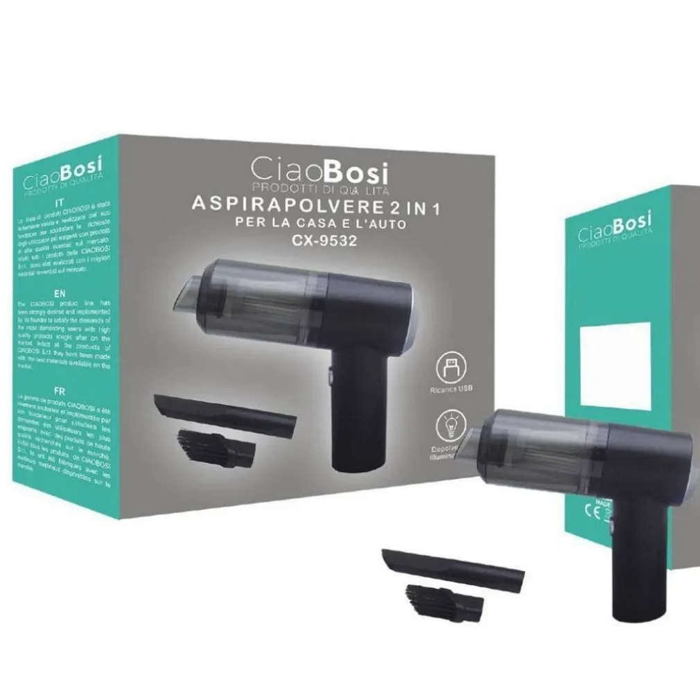 ASPIRAPOLVERE A PISTOLA 2 IN 1 CASA AUTO RICARICABILE USB CON LED 8 WATT CX-9532